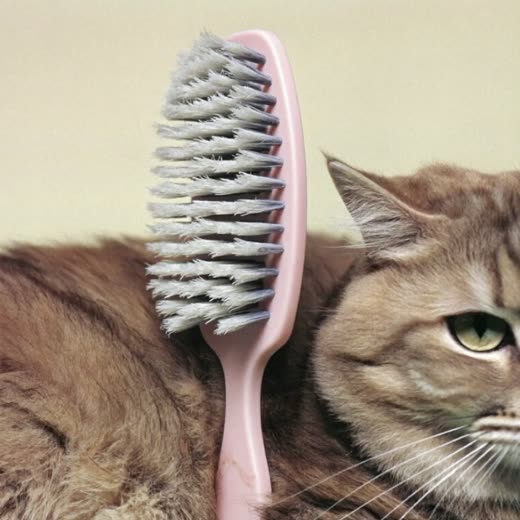 A grooming brush against a cat's thick coat